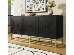 Aparador moderno con 3 puertas dobles - 160 x 38 x 75,5 cm - con patas doradas - aglomerado - negro