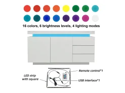 Aparador moderno con 2 puertas y 3 cajones, superficie brillante, iluminación LED, diseño sin tiradores, para salón, 140×35×72,5 cm, blanco