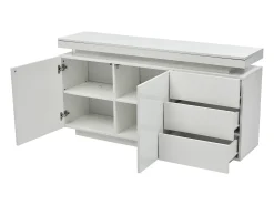 Aparador moderno con 2 puertas y 3 cajones, superficie brillante, iluminación LED, diseño sin tiradores, para salón, 140×35×72,5 cm, blanco