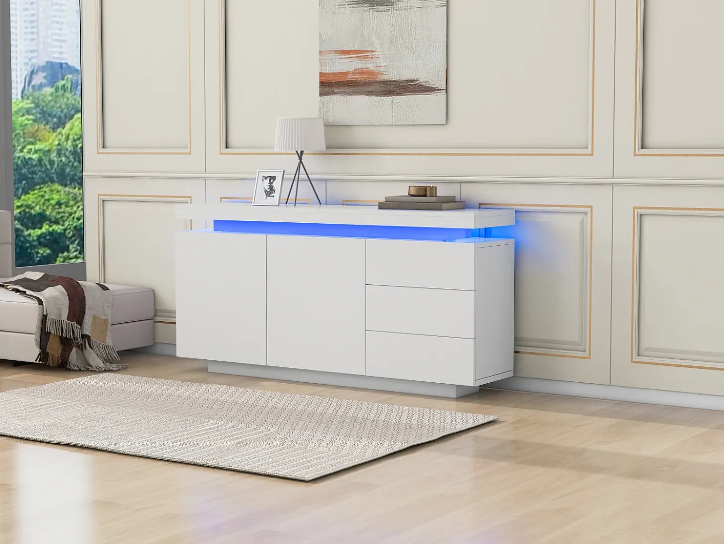 Aparador moderno con 2 puertas y 3 cajones, superficie brillante, iluminación LED, diseño sin tiradores, para salón, 140×35×72,5 cm, blanco