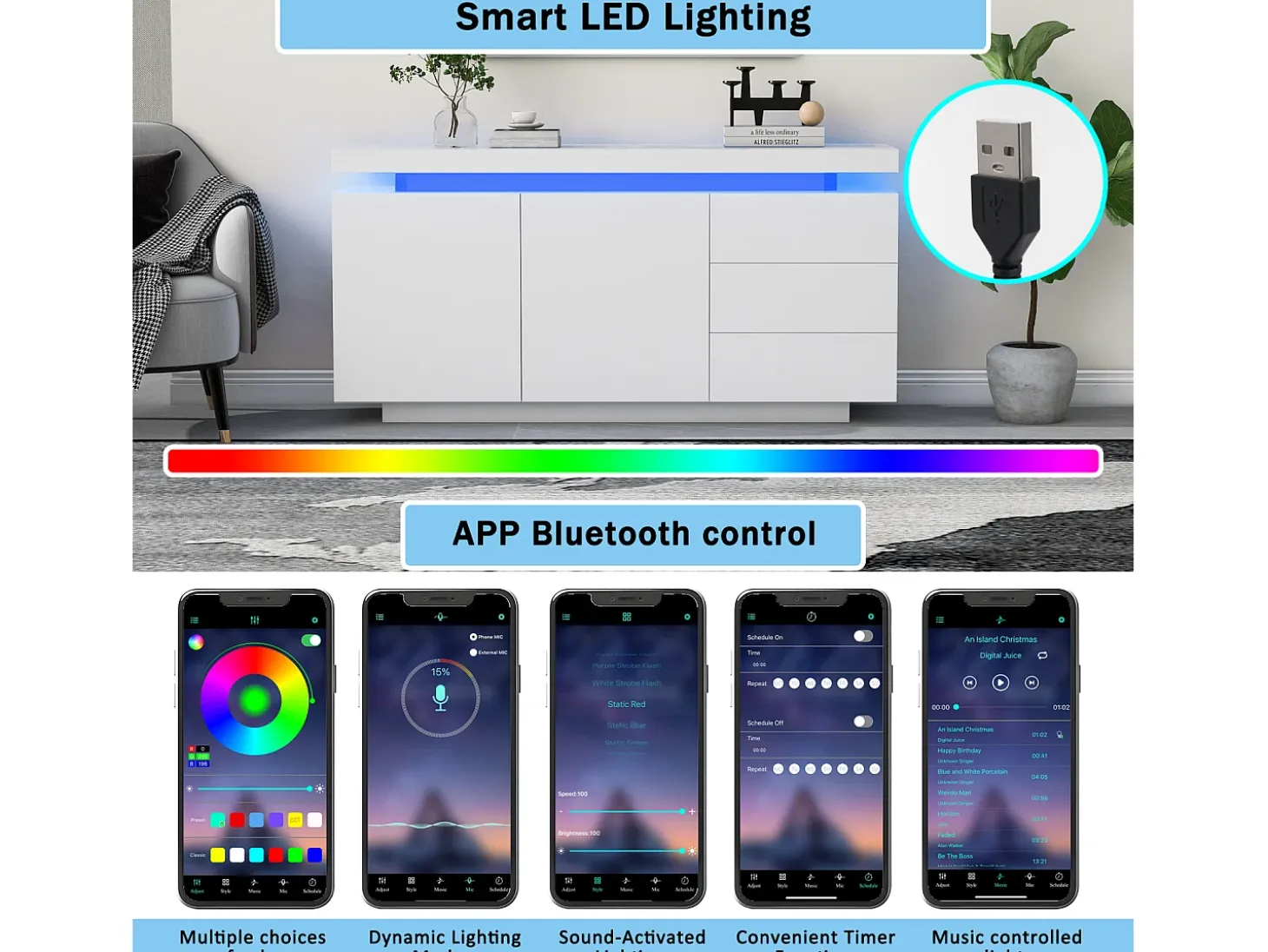 Aparador moderno con 2 puertas y 3 cajones, superficie brillante, iluminación LED, diseño sin tiradores, para salón, 140×35×72,5 cm, blanco