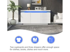 Aparador moderno con 2 puertas y 3 cajones, superficie brillante, iluminación LED, diseño sin tiradores, para salón, 140×35×72,5 cm, blanco
