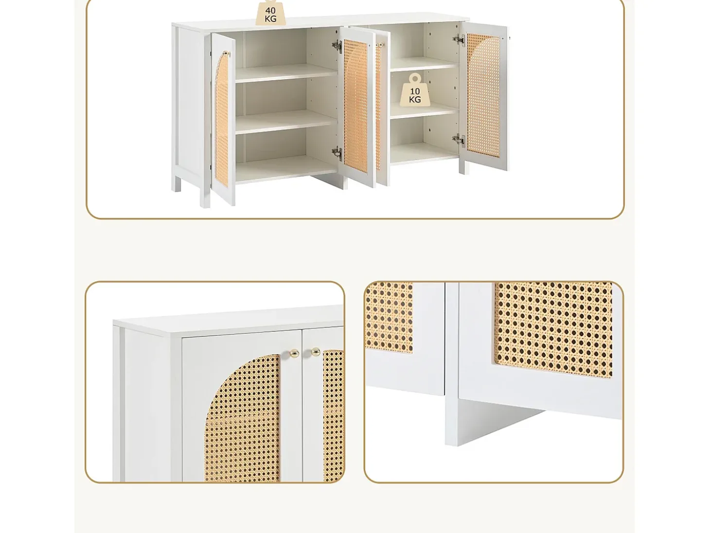 Aparador moderno con estantes ajustables - puertas de ratán - MDF - Blanco