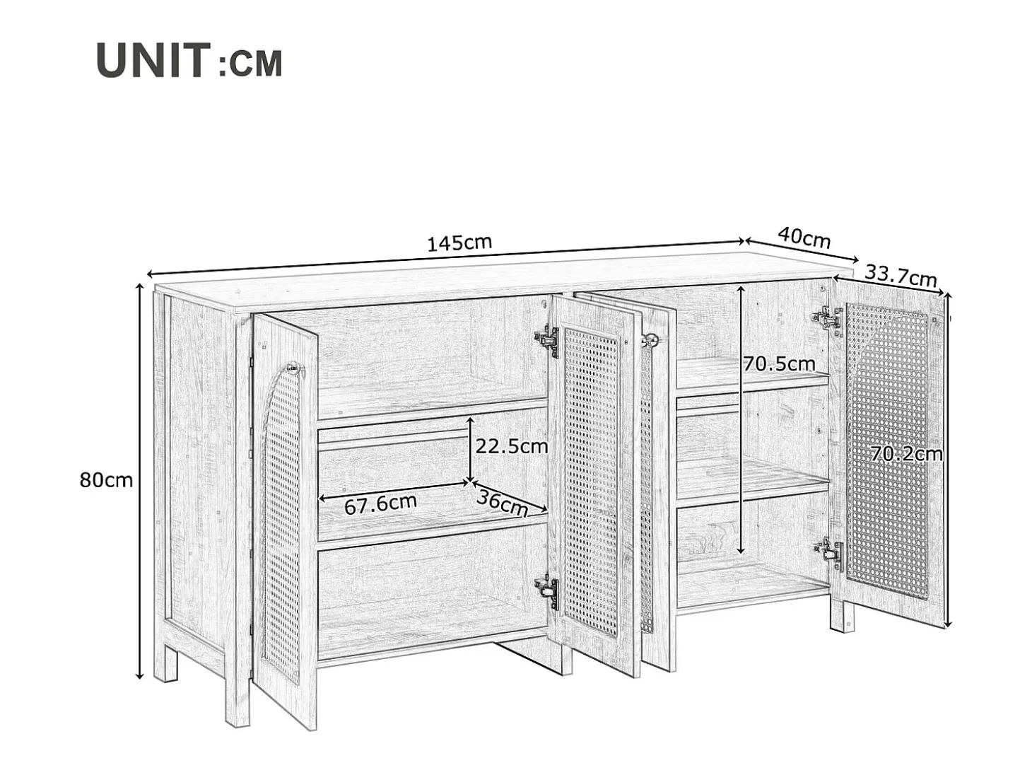 Aparador moderno con estantes ajustables - puertas de ratán - MDF - Blanco