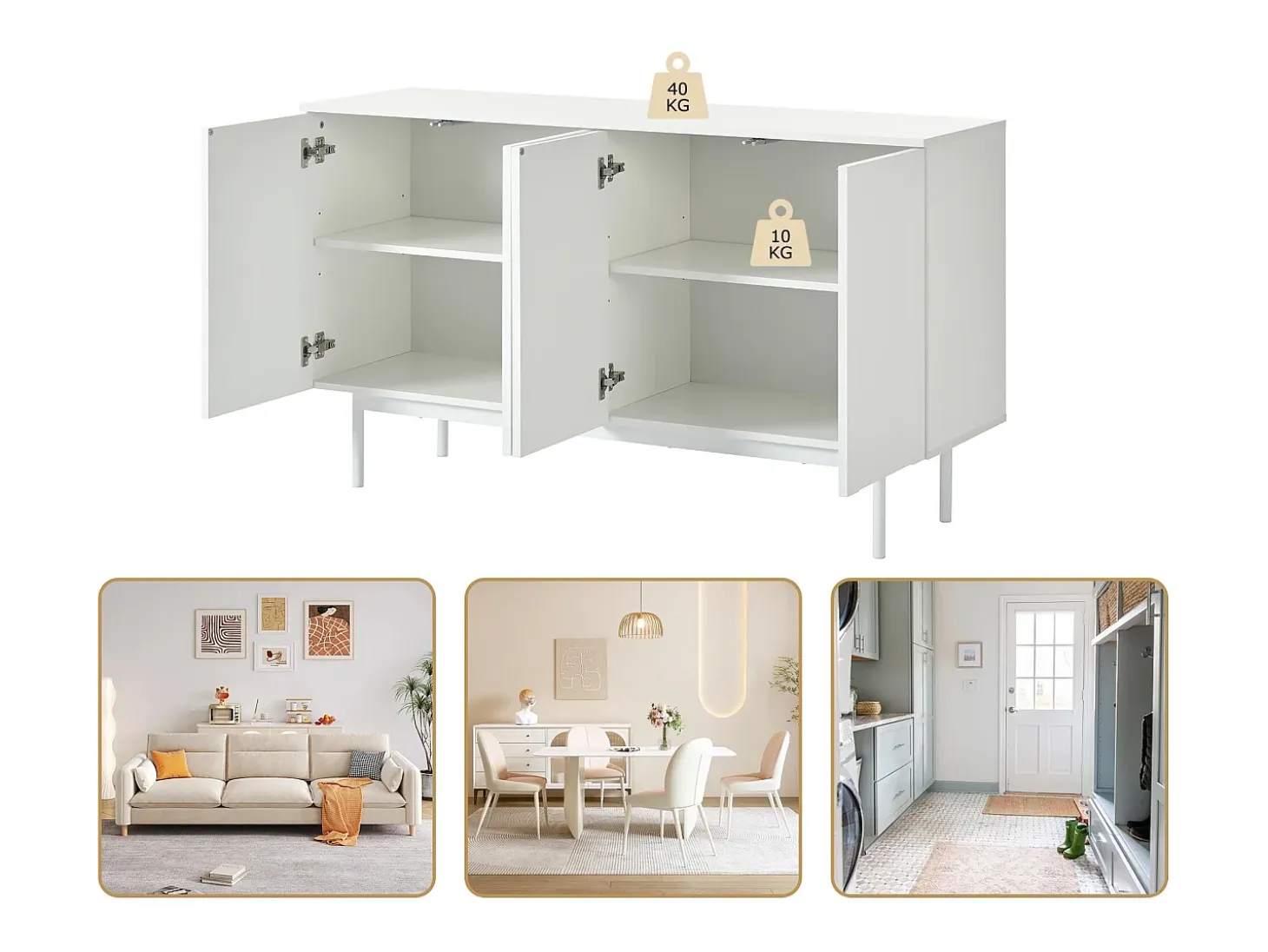 Aparador moderno con estantes ajustables - puertas con diseño de arco - MDF - Blanco