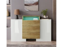 Aparador moderno con LED multicolor, acabado alto brillo y madera, MDF, blanco y madera (140x30x77,5 cm)