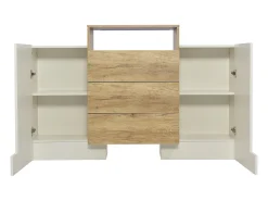 Aparador moderno con LED multicolor, acabado alto brillo y madera, MDF, blanco y madera (140x30x77,5 cm)