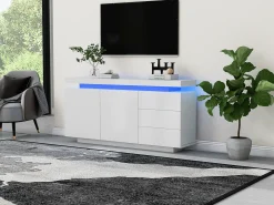 Aparador moderno con LED, puertas sin tiradores, 2 puertas, 3 cajones, tablero de partículas, blanco, 140x35x72,5 cm