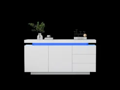 Aparador moderno con LED, puertas sin tiradores, 2 puertas, 3 cajones, tablero de partículas, blanco, 140x35x72,5 cm