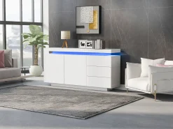 Aparador moderno con LED, puertas sin tiradores, 2 puertas, 3 cajones, tablero de partículas, blanco, 140x35x72,5 cm