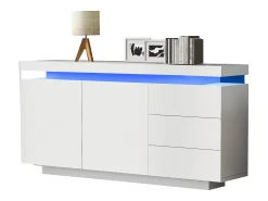 Aparador moderno con LED, puertas sin tiradores, 2 puertas, 3 cajones, tablero de partículas, blanco, 140x35x72,5 cm
