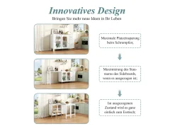 Aparador moderno con mesa plegable y extensible, 3 puertas, diseño de ondas 3D, patas de metal dorado, cristal templado, MDF, blanco (116x40x78,5 cm)