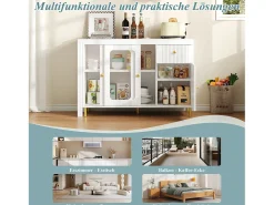 Aparador moderno con mesa plegable y extensible, 3 puertas, diseño de ondas 3D, patas de metal dorado, cristal templado, MDF, blanco (116x40x78,5 cm)