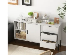 Aparador moderno con puerta de cristal templado y 3 cajones, mueble consola para entrada, aparador de cocina para pasillos, blanco (155x40x91,5 cm)