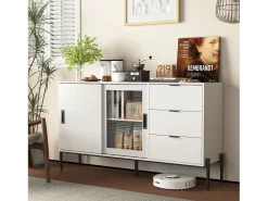 Aparador moderno con puerta de cristal templado y 3 cajones, mueble consola para entrada, aparador de cocina para pasillos, blanco (155x40x91,5 cm)