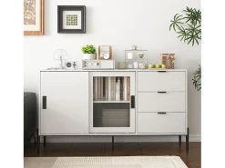 Aparador moderno con puerta de cristal templado y 3 cajones, mueble consola para entrada, aparador de cocina para pasillos, blanco (155x40x91,5 cm)