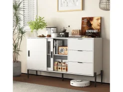 Aparador moderno con puerta de cristal templado y 3 cajones, mueble consola para entrada, aparador de cocina para pasillos, blanco (155x40x91,5 cm)