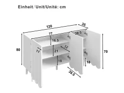 Aparador moderno con puertas onduladas - 120 x 35 x 80 cm - con estantes regulables - MDF - blanco