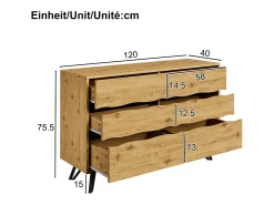 Aparador moderno de 6 cajones - 120 x 40 x 75,5 cm - para salón y comedor - aglomerado - natural