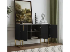 Aparador moderno de 3 puertas con estantes ajustables, puertas en forma de U, base y tiradores de metal (negro)