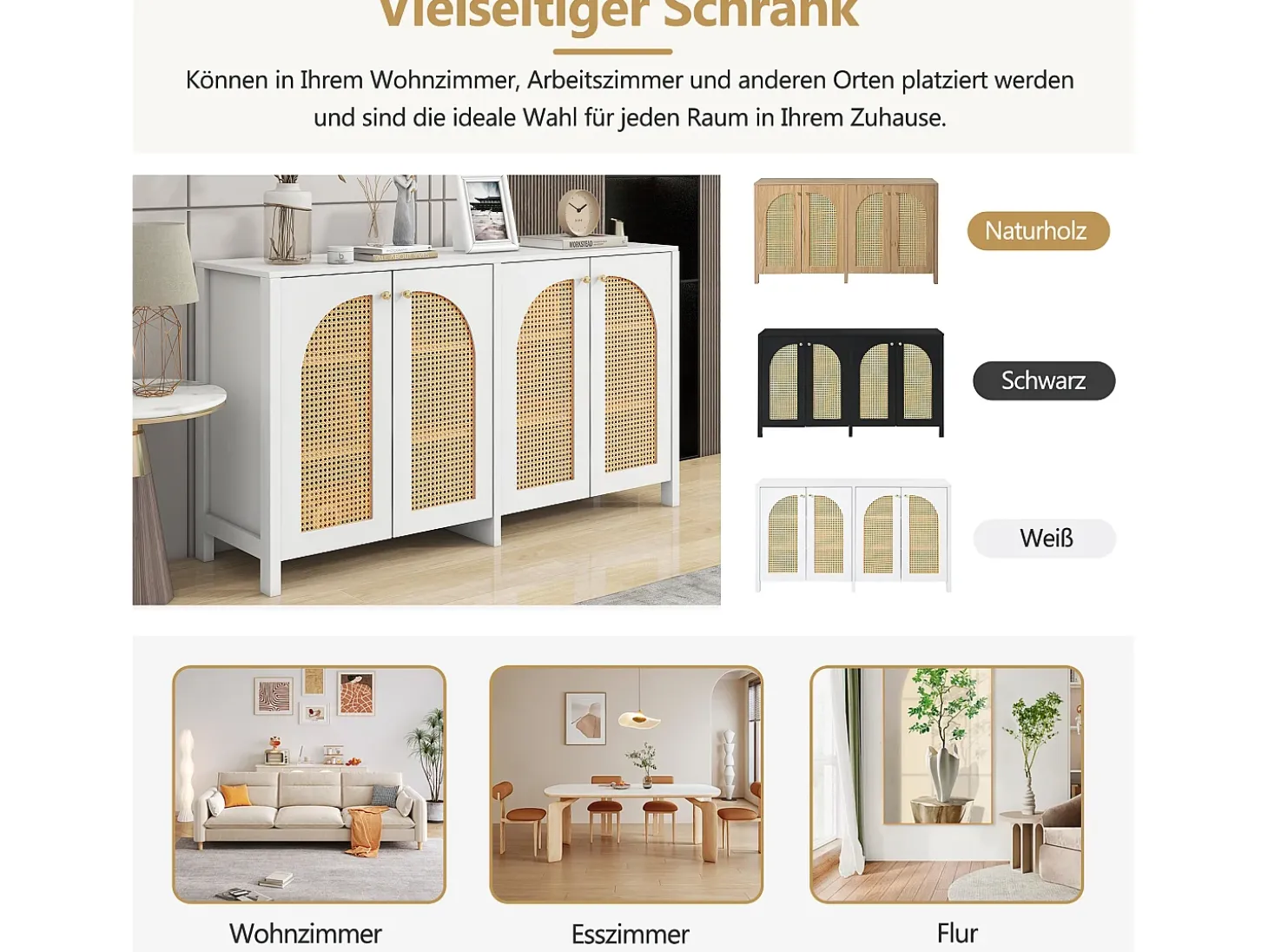 Aparador moderno de 4 puertas, diseño elegante, MDF, blanco (145x80x40 cm)