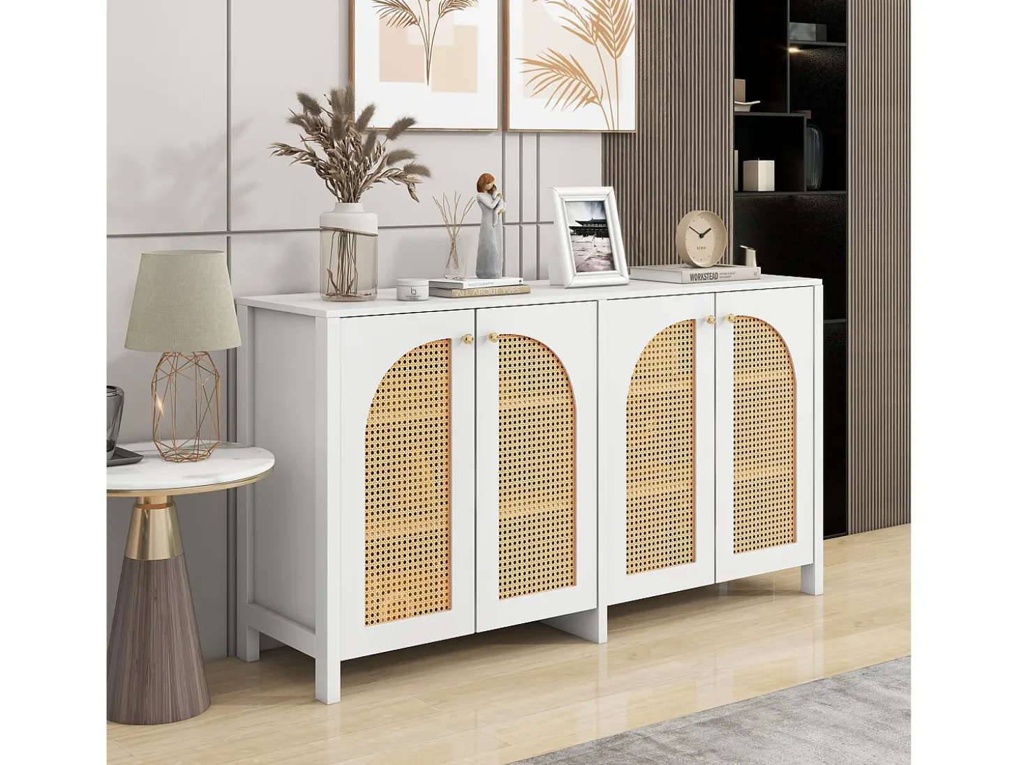 Aparador moderno de 4 puertas, diseño elegante, MDF, blanco (145x80x40 cm)