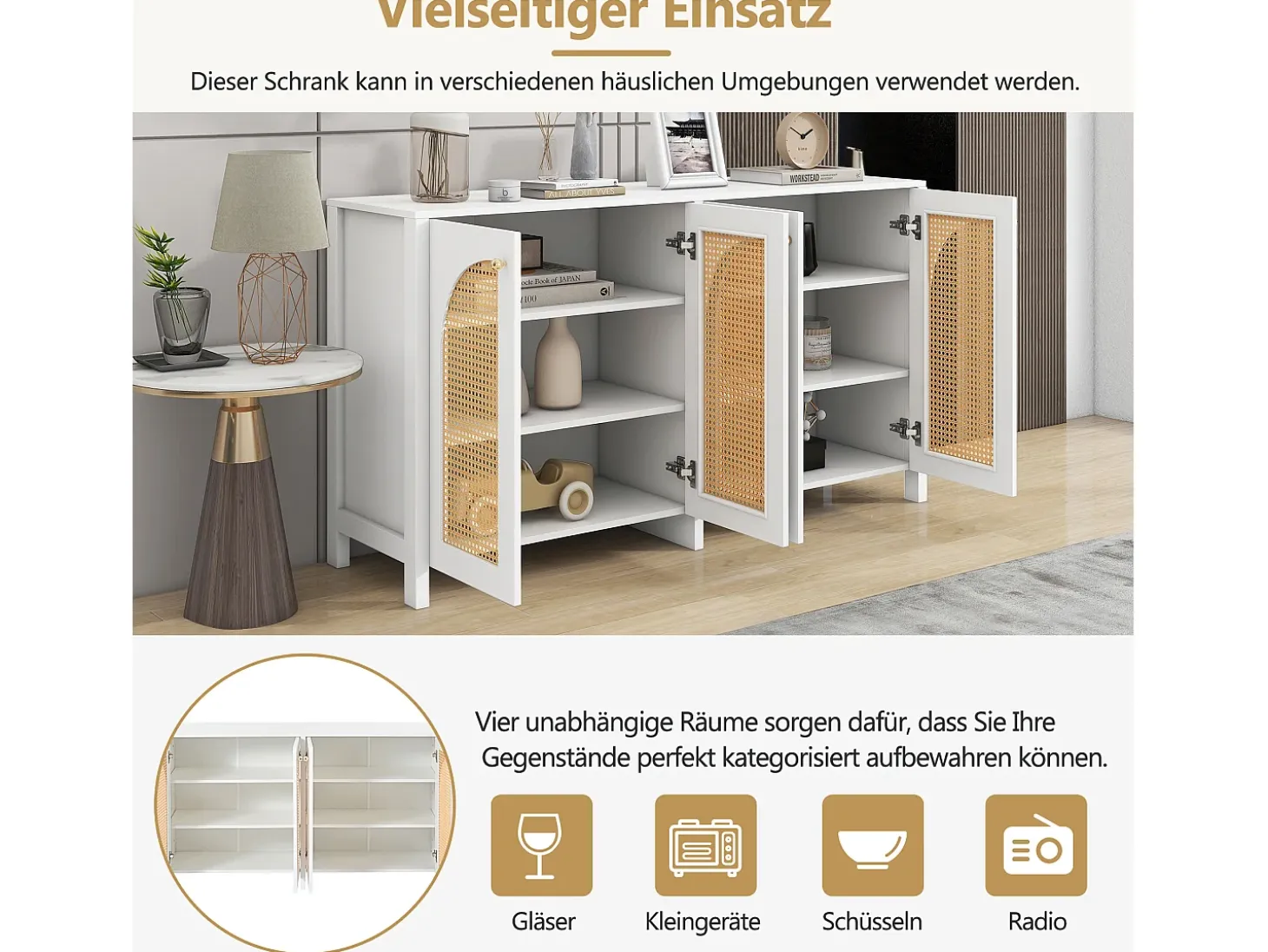 Aparador moderno de 4 puertas, diseño elegante, MDF, blanco (145x80x40 cm)