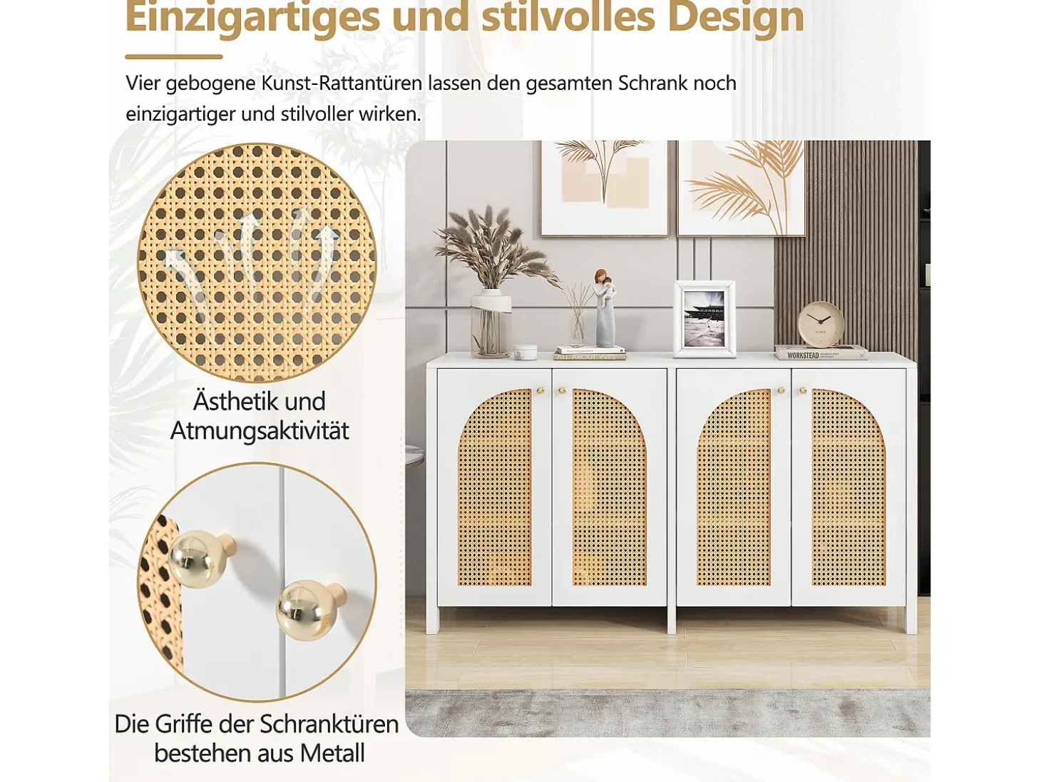 Aparador moderno de 4 puertas, diseño elegante, MDF, blanco (145x80x40 cm)