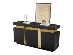 Aparador moderno de 3 puertas con estantes regulables, acabado negro y dorado, (140x38x70 cm)