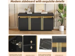 Aparador moderno de 3 puertas con estantes regulables, acabado negro y dorado, (140x38x70 cm)