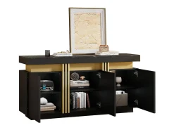 Aparador moderno de 3 puertas con estantes regulables, acabado negro y dorado, (140x38x70 cm)