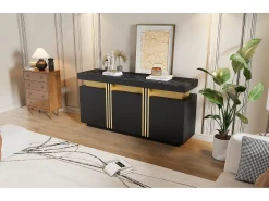 Aparador moderno de 3 puertas con estantes regulables, acabado negro y dorado, (140x38x70 cm)