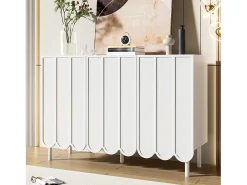 Aparador moderno de madera con puertas onduladas – 120x35x80 cm – para salón, recibidor y comedor, blanco