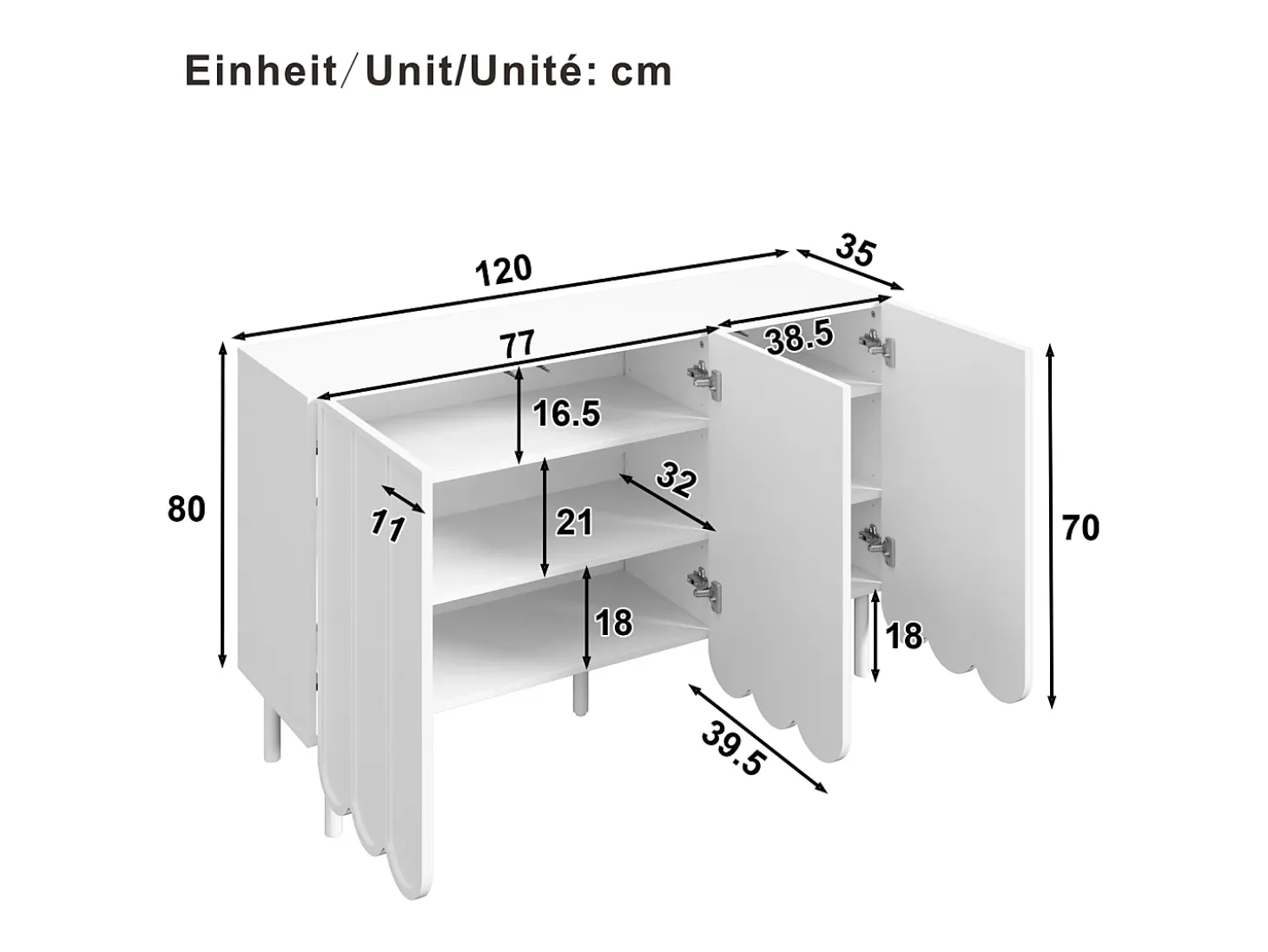 Aparador moderno de madera con puertas onduladas – 120x35x80 cm – para salón, recibidor y comedor, blanco