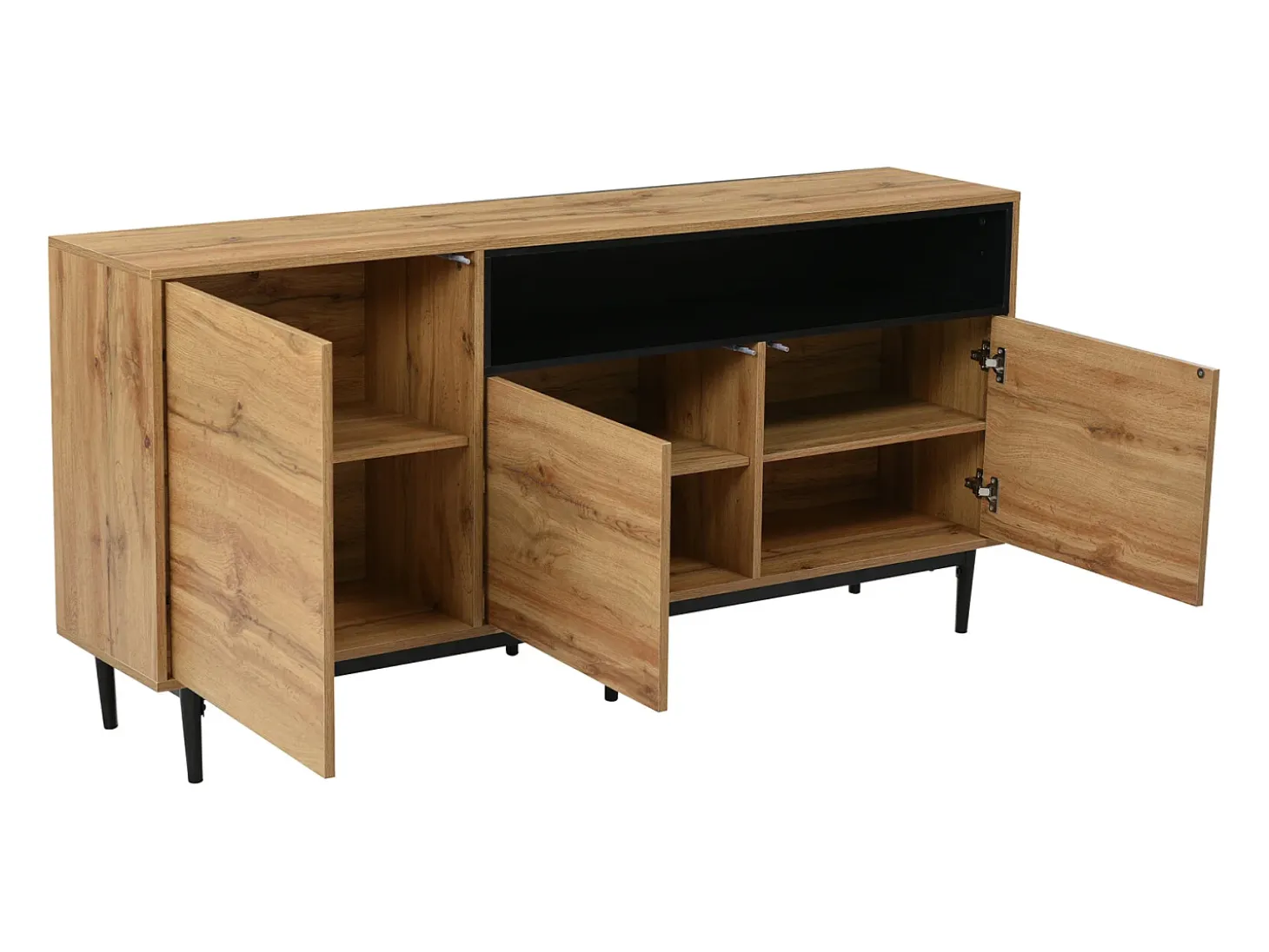 Aparador moderno de madera con 3 puertas y estantes, madera natural, cómoda.