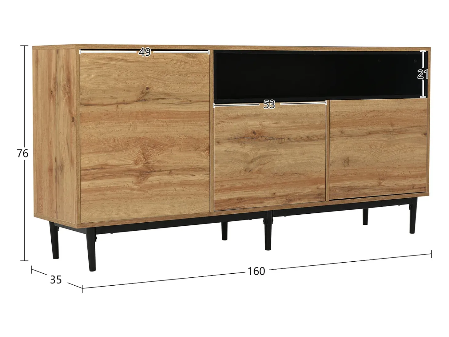 Aparador moderno de madera con 3 puertas y estantes, madera natural, cómoda.