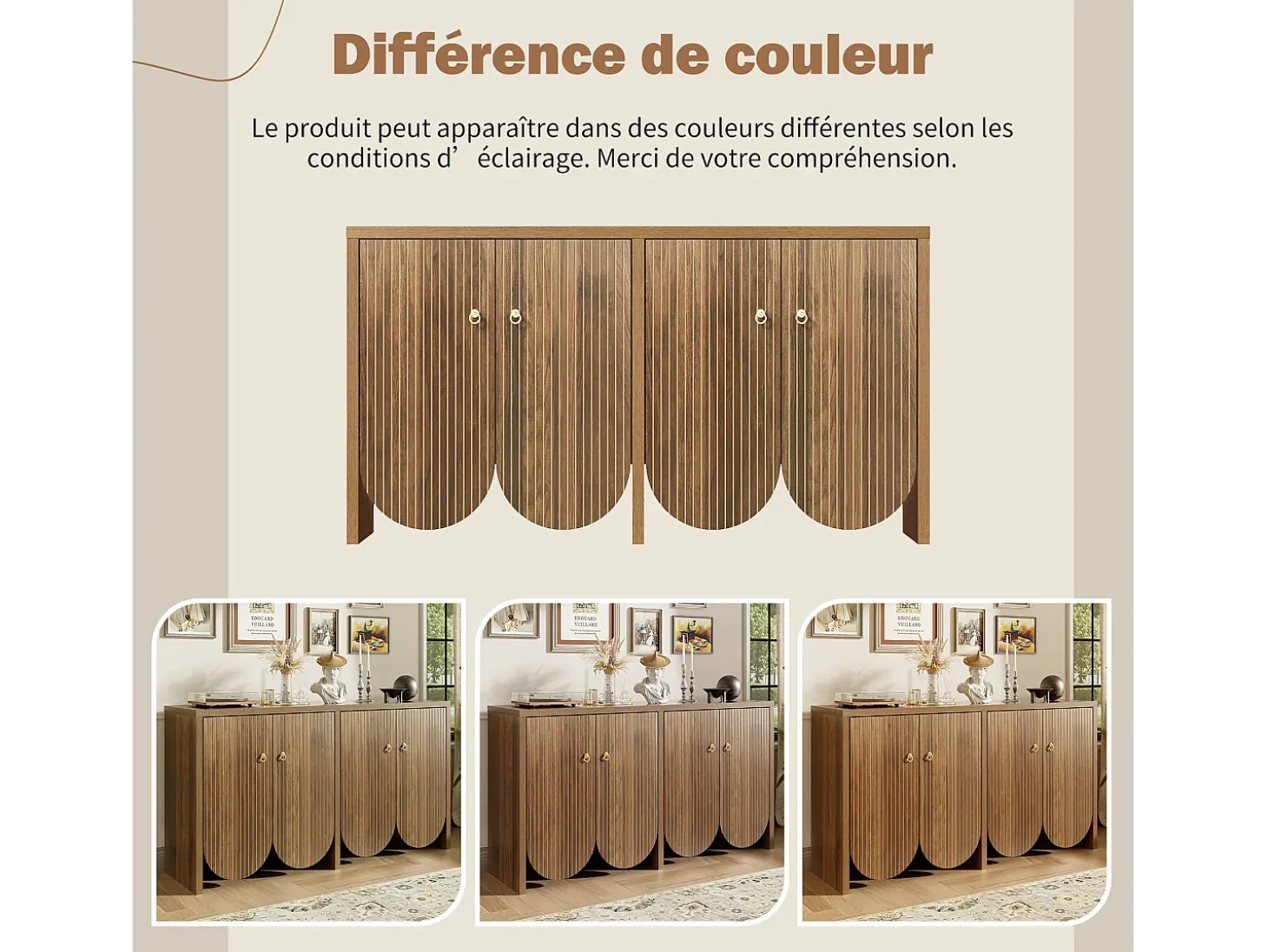 Aparador moderno de madera de nogal, con 4 puertas y estantes regulables, MDF, (147x40x80 cm)