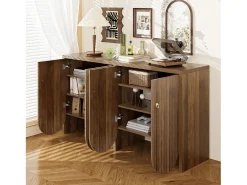 Aparador moderno de madera de nogal, con 4 puertas y estantes regulables, MDF, (147x40x80 cm)