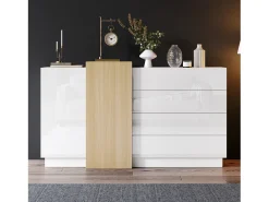 Aparador moderno lacado en blanco con almacenaje, diseño minimalista, MDF, color madera clara, (160x37x75 cm)
