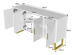 Aparador moderno lacado en blanco, puertas texturizadas y tiradores dorados, 4 puertas, estantes regulables (150x40x82 cm)