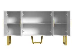 Aparador moderno lacado en blanco, puertas texturizadas y tiradores dorados, 4 puertas, estantes regulables (150x40x82 cm)