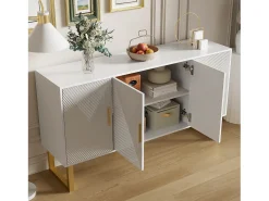 Aparador moderno lacado en blanco, puertas texturizadas y tiradores dorados, 4 puertas, estantes regulables (150x40x82 cm)