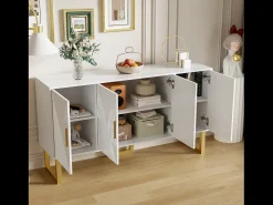 Aparador moderno lacado en blanco, puertas texturizadas y tiradores dorados, 4 puertas, estantes regulables (150x40x82 cm)