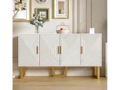 Aparador moderno lacado en blanco, puertas texturizadas y tiradores dorados, 4 puertas, estantes regulables (150x40x82 cm)