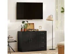 Aparador moderno negro, 4 cajones + 1 puerta, 105 x 40 x 76 cm, ideal para salón y dormitorio.