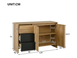 Aparador moderno para salón - 120 x 40 x 76 cm - con 3 cajones + 2 puertas + LED - aglomerado - natural