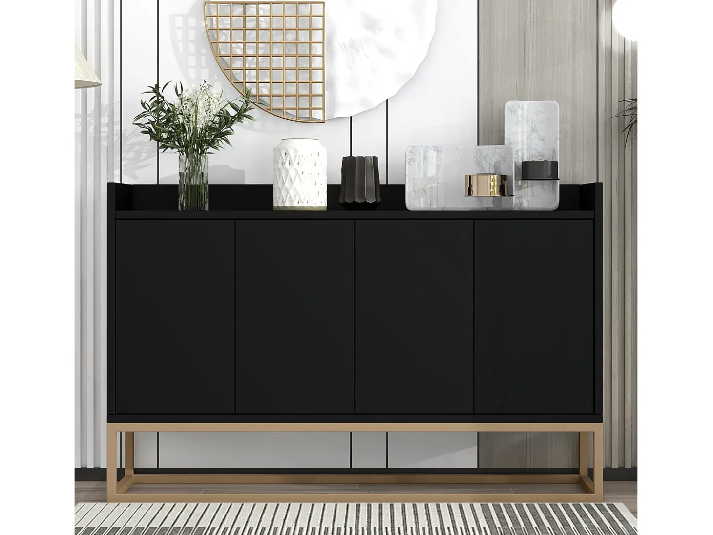 Aparador moderno 120x30 cm, cómoda con puertas, mueble de almacenaje, aparador sin tiradores, color negro