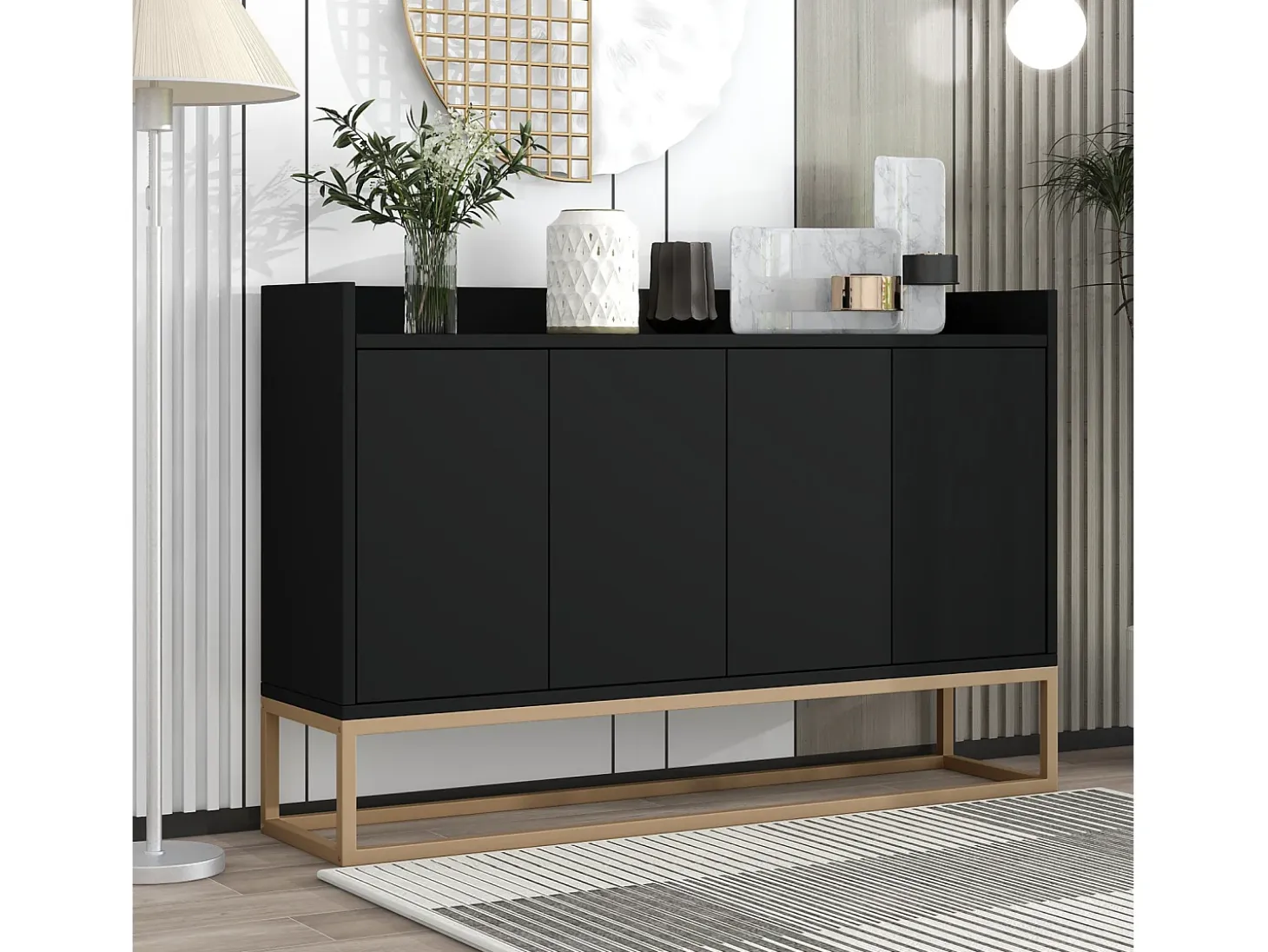 Aparador moderno 120x30 cm, cómoda con puertas, mueble de almacenaje, aparador sin tiradores, color negro