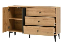 Aparador moderno 120x35x76 cm - 2 puertas y 3 cajones - Patas de metal - Tableros de partículas - Natural y negro