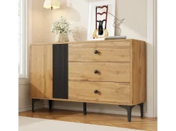 Aparador moderno 120x35x76 cm - 2 puertas y 3 cajones - Patas de metal - Tableros de partículas - Natural y negro